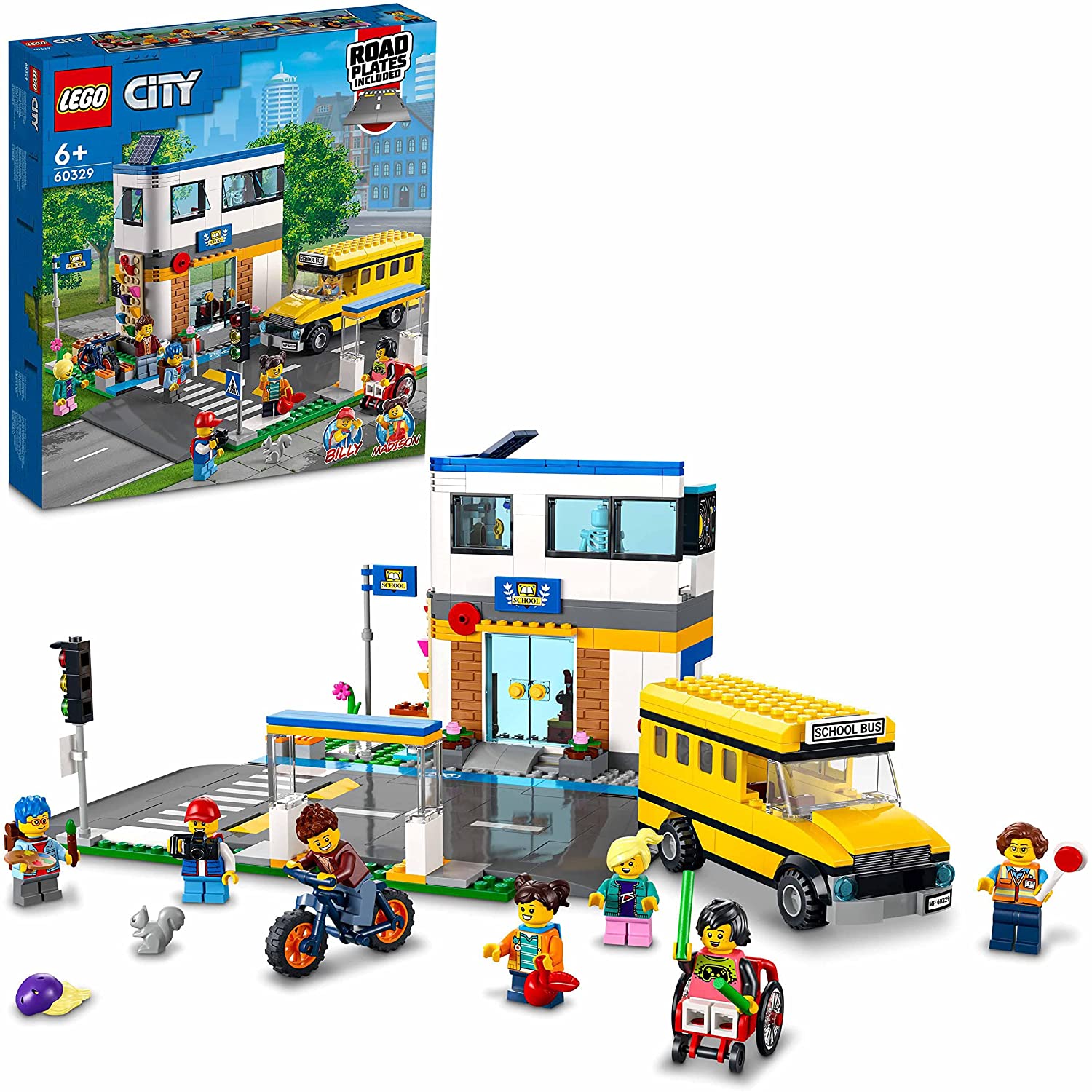 LEGO 60329 City Schule mit Schulbus, 2 Klassenzimmern und Straßenplatten, A