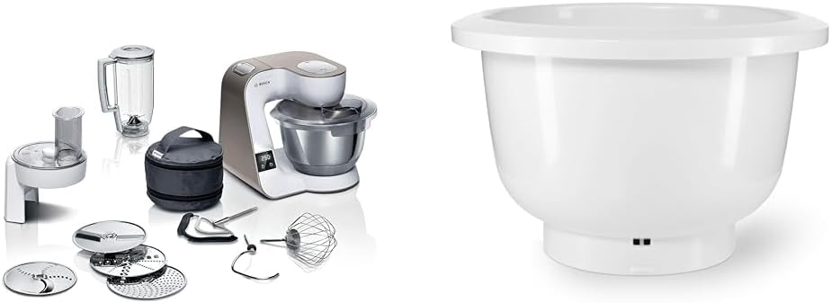 Bosch Food Processor Series 4 MUM5XW20, Stainless Steel Bowl 3.9 L & Mixing Bowl MUZ5KR1, 3.9 Liters, Max. Dough Quantity 2.7 kg, Dishwasher Safe, White, Suitable for Series 4 Food Processor