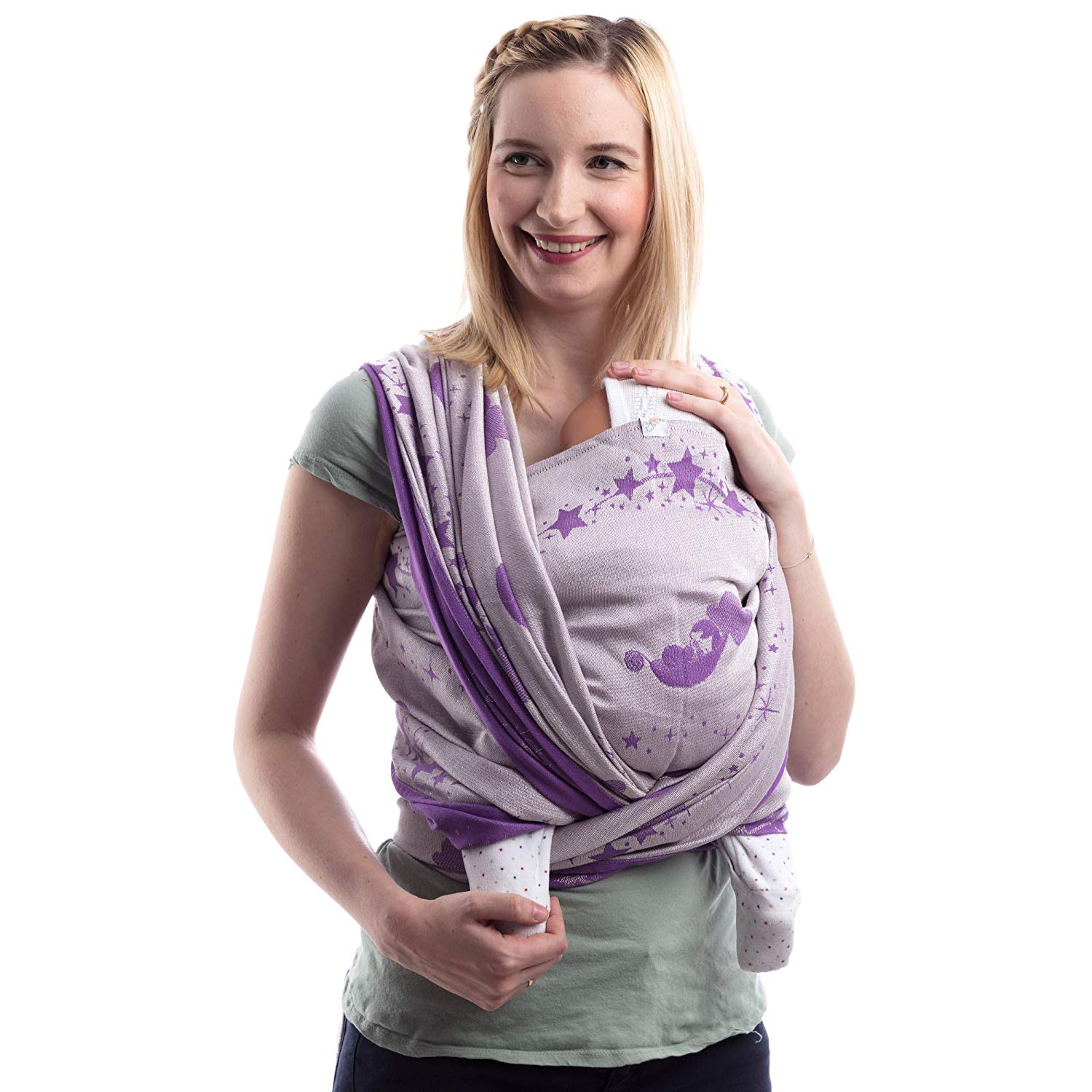 SCHMUSEWOLKE Baby Carrier Sling Newborn and Toddlers with Organic Cotton Belly and Back Sling Cuddly cloud Violet Shine