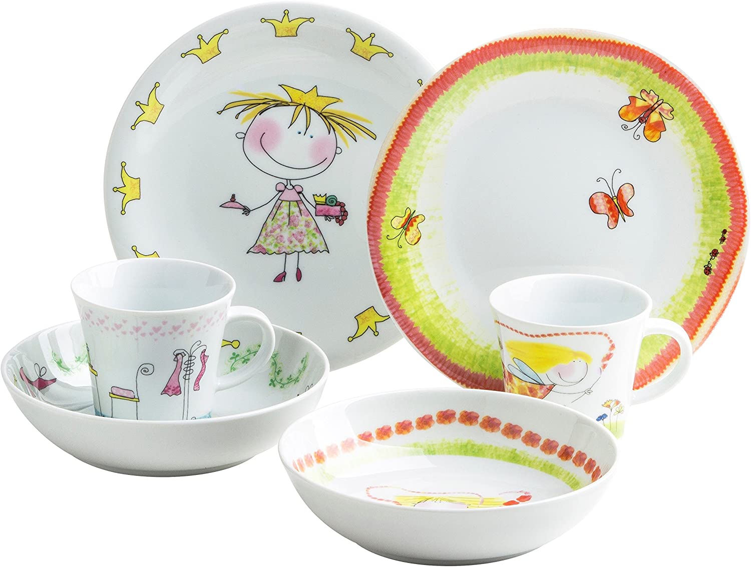 KAHLA 32 °F259O76645 °C Kids Fairy Princess Flower Fairy | Children\'s Crockery Tableware Set for Girls Assorted Colours Round 6-Piece Mug and Soup Bowl Plate Set