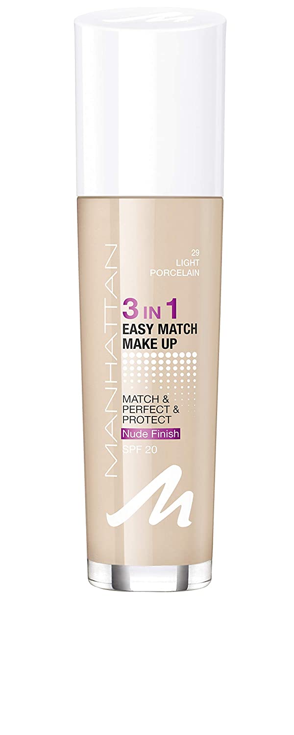 Manhattan 3-in-1 Easy Match Make Up, Oil-Free Foundation for a Flawless Complexion, Colour 29 Light Porcelain, 30 ml, ‎29 porcelain