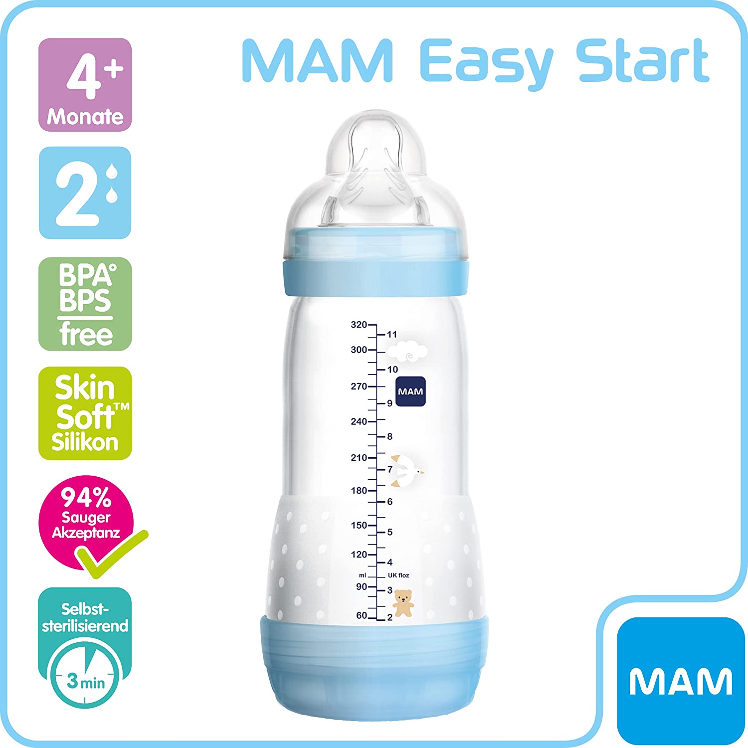 MAM Easy Start anti-colic baby bottle (320 ml), milk bottle with innovative base valve to prevent colic, baby’s drinking bottle with size 2 teat, 4+ months, bear