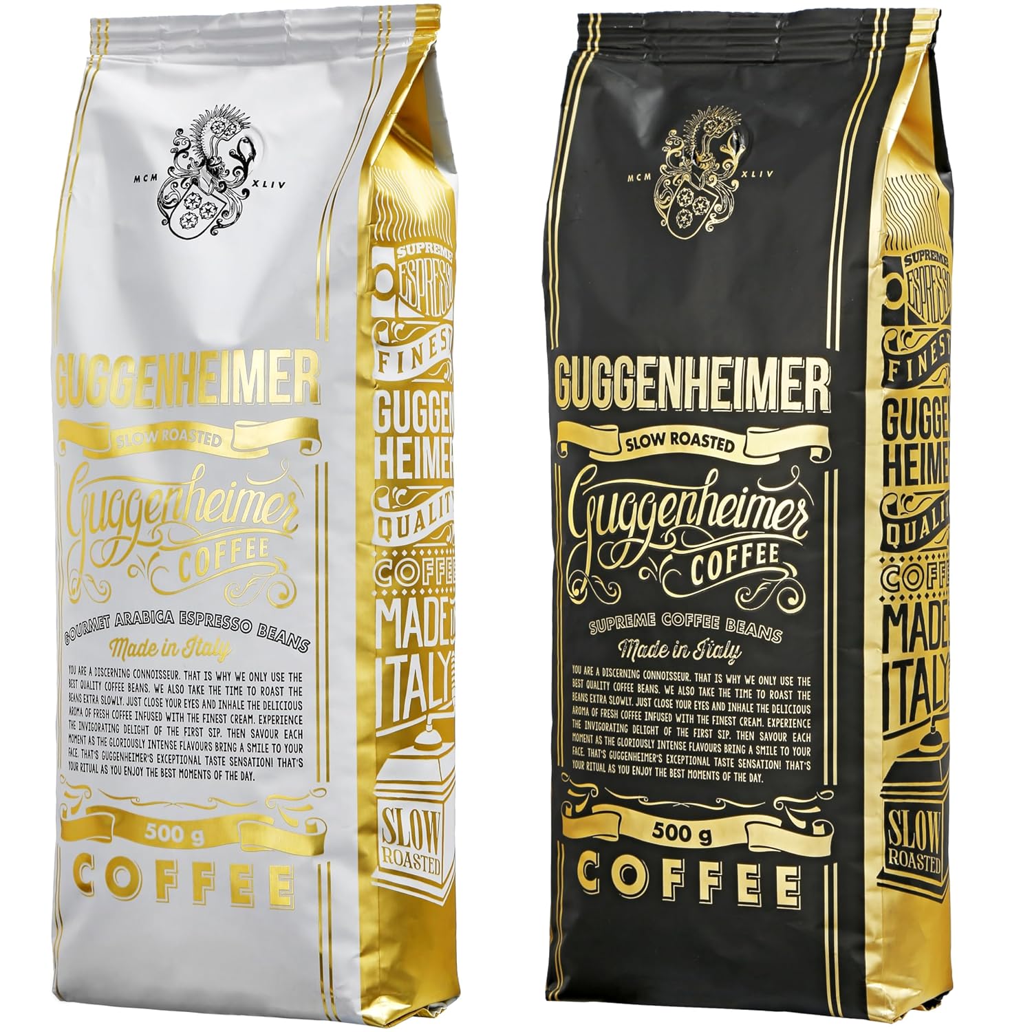 GUGGENHEIMER COFFEE Coffee Beans Tasting Package 1 kg, Supreme 500 g & Gourmet Arabica 500 g, Low Acidity, Finest Crema, Best Espresso for Fully Automatic Machines, Coffee Tasting Set