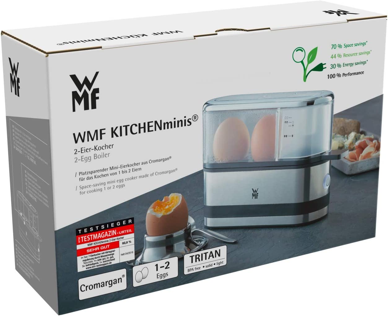 WMF kitchen mini 2-egg cooker (250 W, egg cooker for 1-2 eggs, with egg pick, BPA-free Tritan) matt cromargan