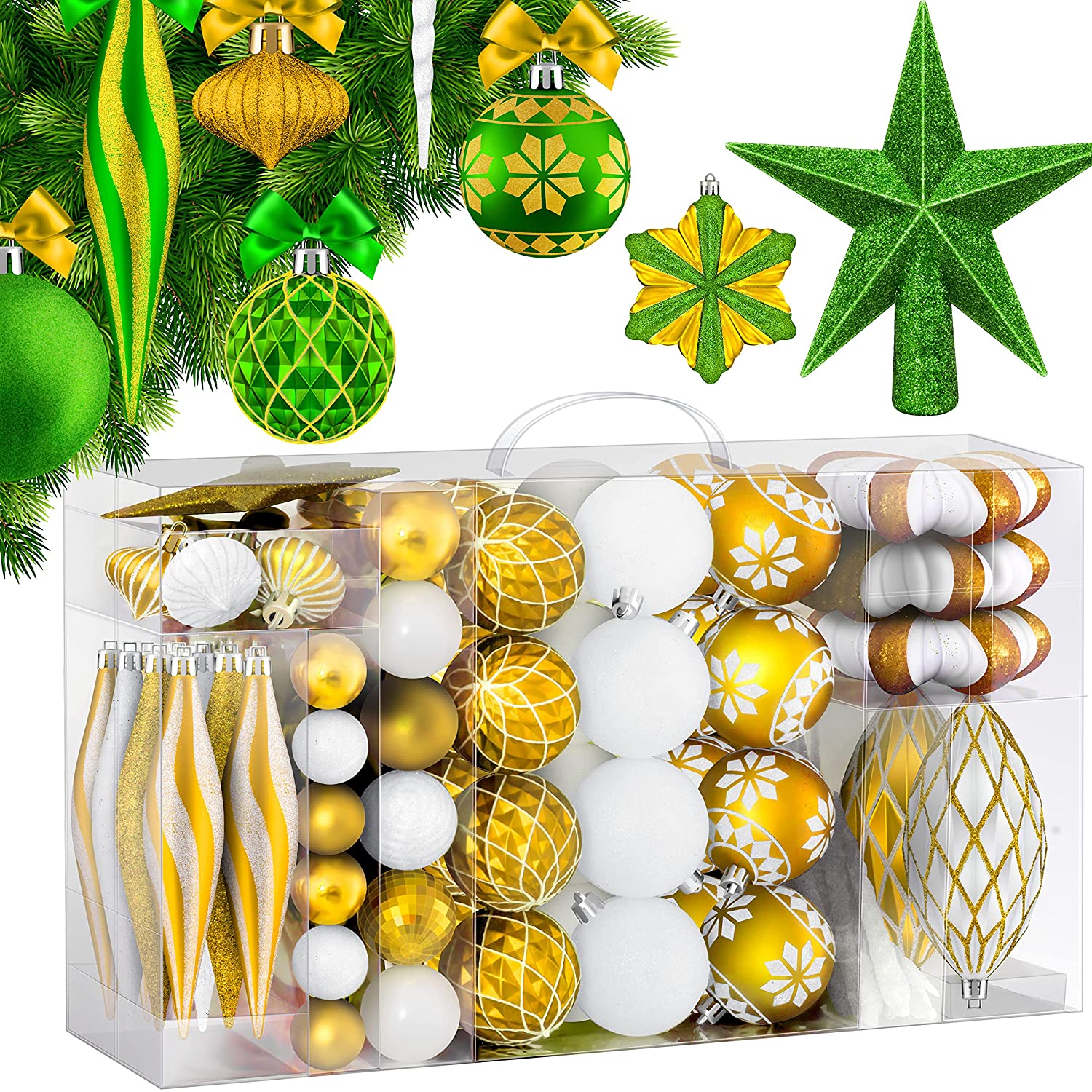 KESSER® Christmas Baubles Set of 135 Green / Gold with Tree Topper Christma