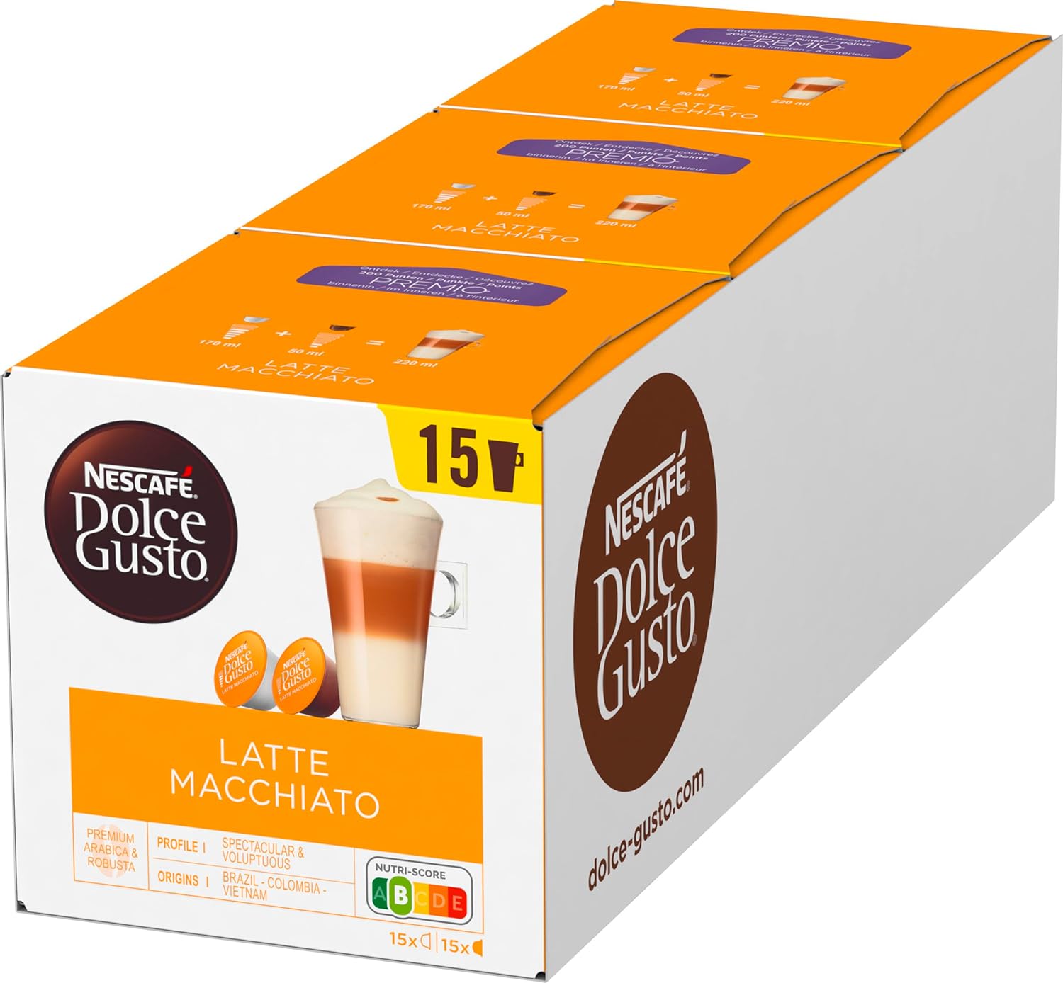 NESCAFÉ Dolce Gusto Latte Macchiato Storage Box, 90 Coffee Capsules (Aromatic Espresso, 3-Layer Delicacy Made of Fine Milk Foam, Aroma Sealed), Pack of 3 Large Pack (3 x 30 Capsules)