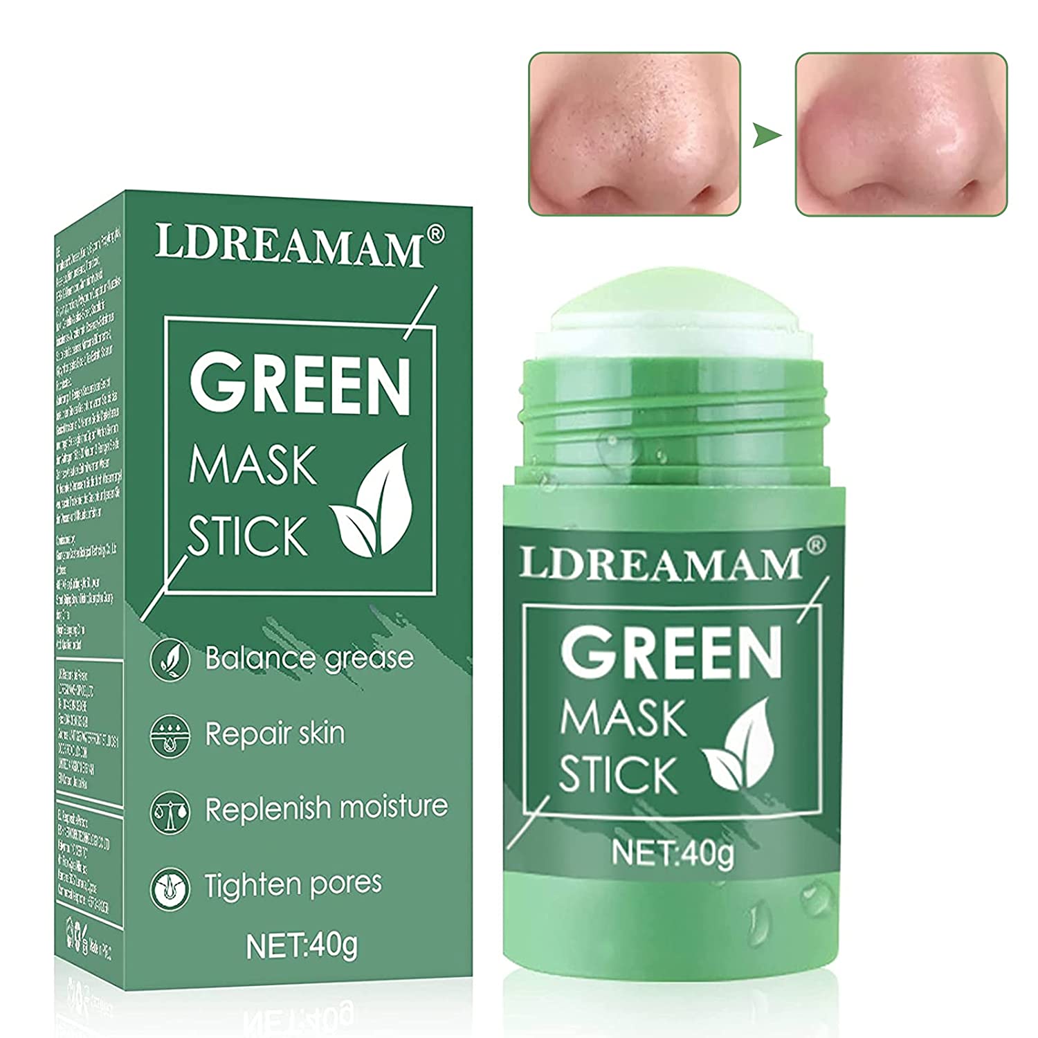 ldreamam Green Tea Mask, Green Tea Purifying Clay Stick Mask, Green Tea Clay Mask, Deep Cleaning for Oil Control Blackheads Removal for All Skin Types