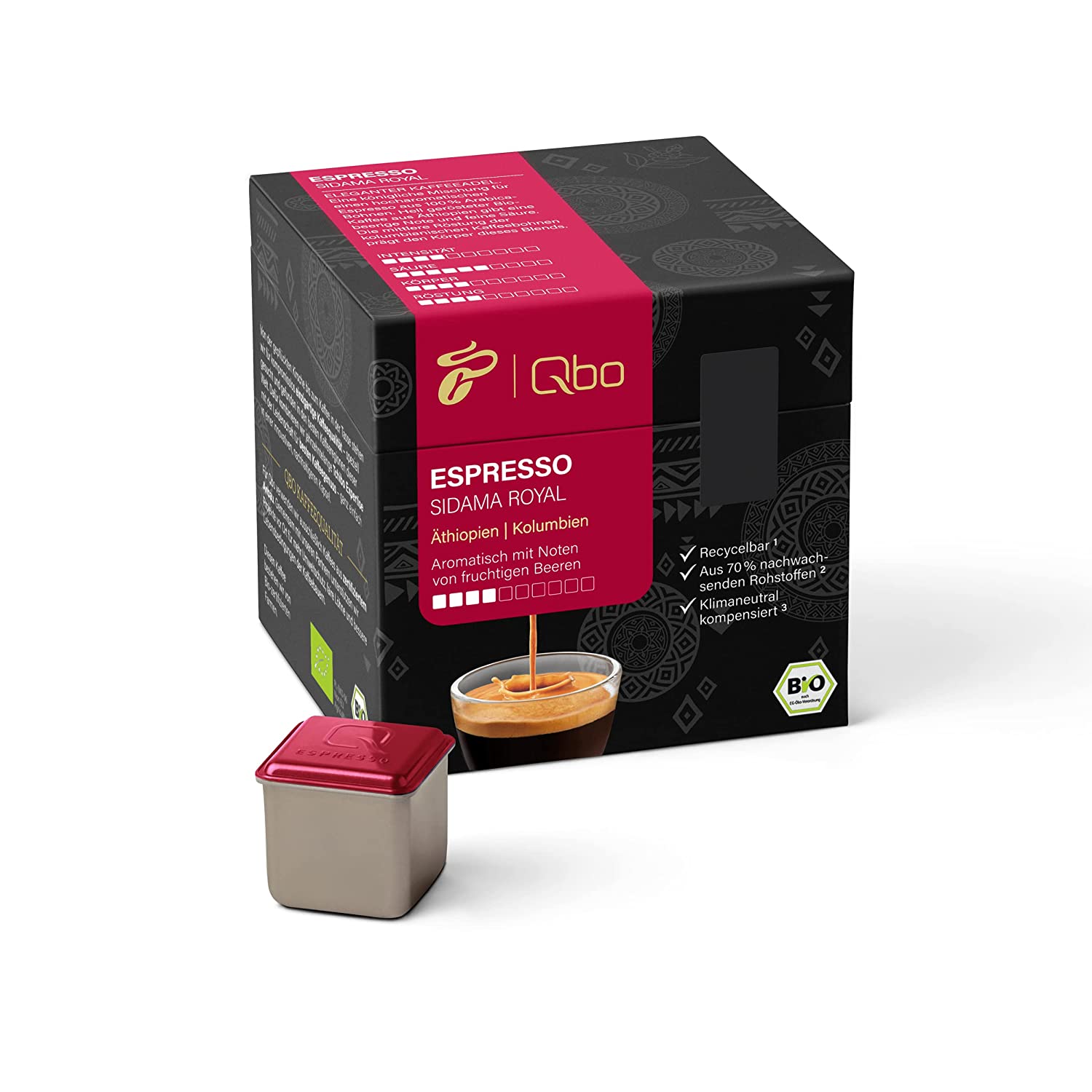 Tchibo Qbo Espresso Sidama Royal Premium Kaffeekapseln, 27 Stück (Espresso, Intensität 4/10, aromatisch und fruchtig), nachhaltig, aus 70% nachwachsenden Rohstoffen & klimaneutral kompensiert
