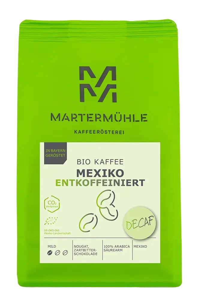 Martermühle Mexico Organic Coffee Beans Decaffeinated 1 kg Mild Arabica I Aromas: Nougat, Dark Chocolate I Whole Organic Coffee Beans Gently Roasted, Low Acid