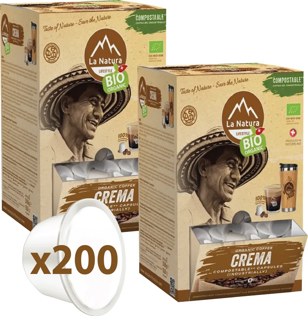 La Natura Capsules CREMA Coffee XXL BOX 200 Coffee Capsules | La Natura Lifestyle Organic 1020g | Bio-based | Nespresso®*³ compatible