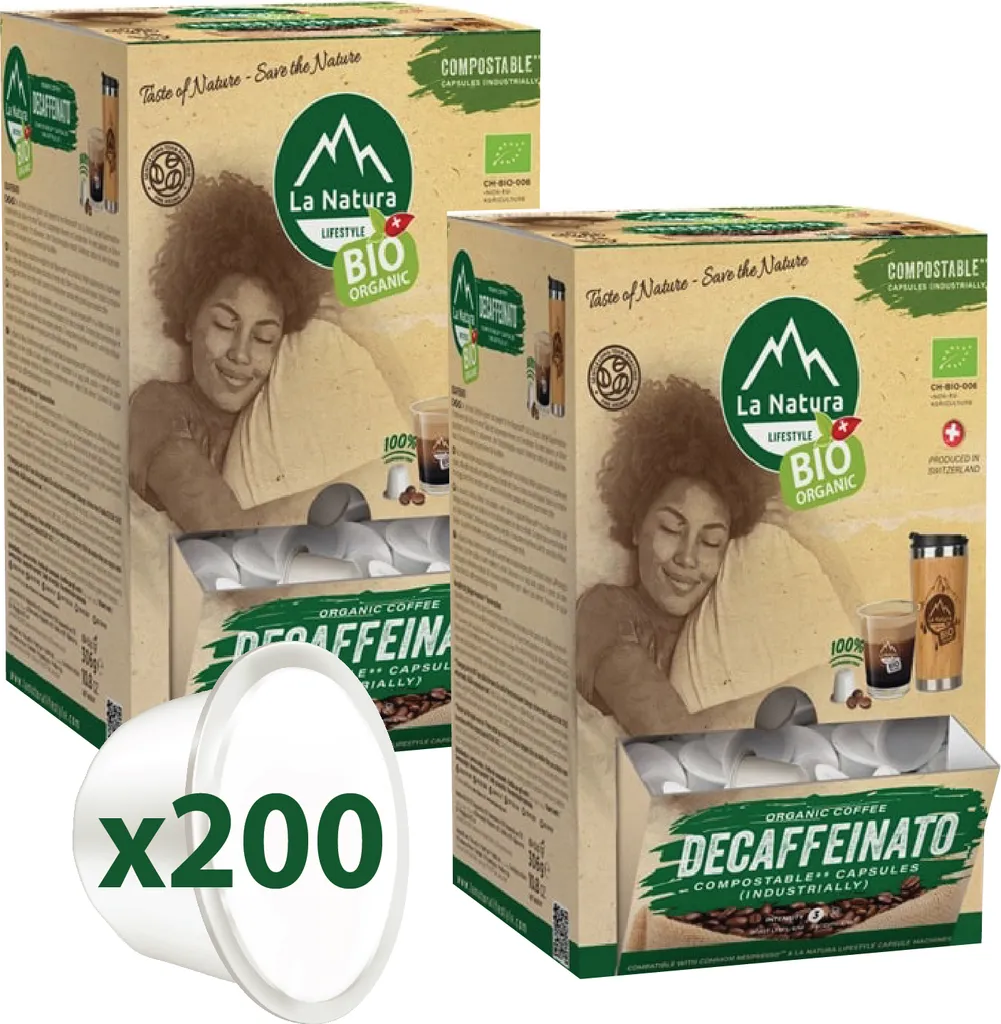 La Natura Decaffeinated Coffee XXL Box 200 Coffee Capsules | La Natura Lifestyle Organic 1020g | Bio-based | Nespresso®*³ compatible