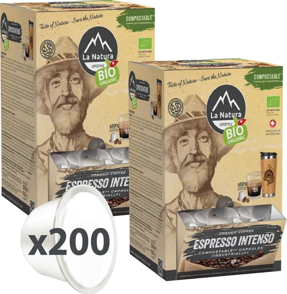 La Natura Capsules ESPRESSO INTENSO Coffee XXL BOX 200 Coffee Capsules | La Natura Lifestyle Organic 1020g | Bio-based | Nespresso®*³ compatible