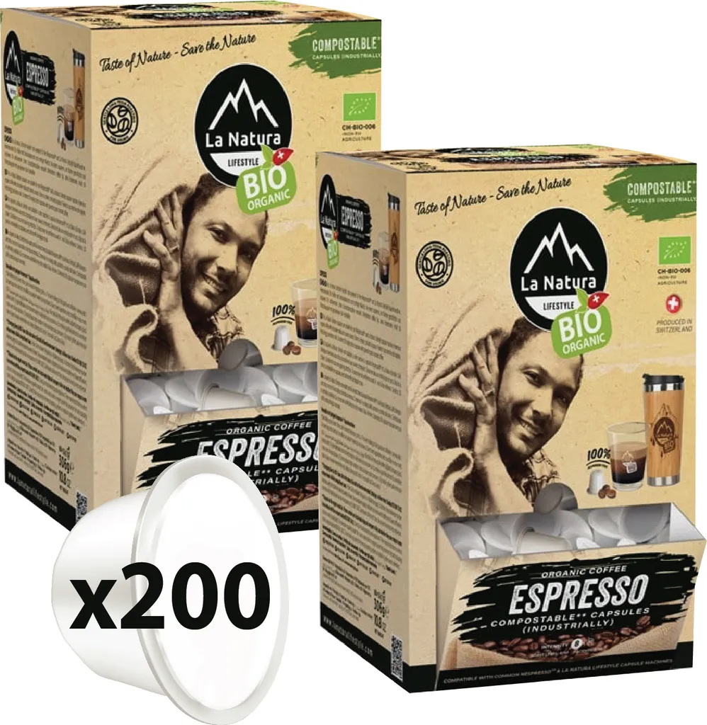 La Natura Espresso Coffee XXL Box 200 Coffee Capsules | La Natura Lifestyle Organic 1020g | Bio-based | Nespresso®*³ compatible