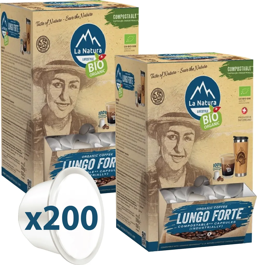 La Natura Capsules LUNGO FORTE Coffee XXL BOX 200 Coffee Capsules | La Natura Lifestyle Organic 1020g | Bio-based | Nespresso®*³ compatible