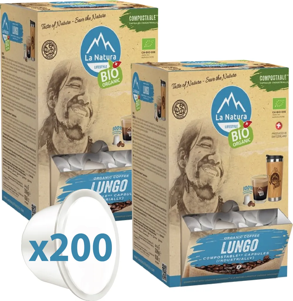 La Natura Capsules LUNGO Coffee XXL BOX 200 Coffee Capsules | La Natura Lifestyle Organic 1020g | Bio-based | Nespresso®*³ compatible