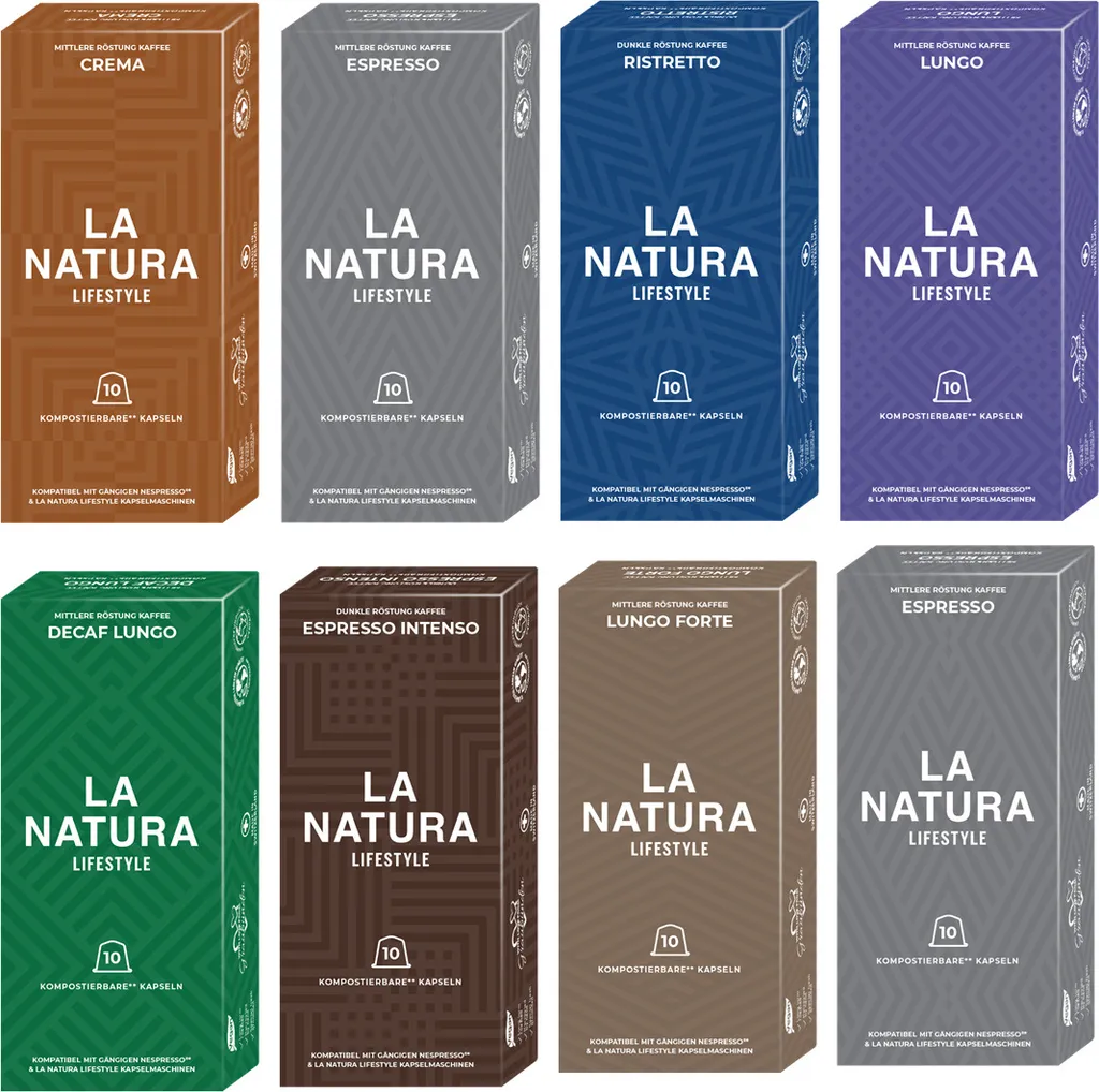 La Natura Lifestyle Capsules Selection BOX, High-quality gift set Nespresso®*³ compatible coffee capsules, 80-pack, 8 x 10 drinks