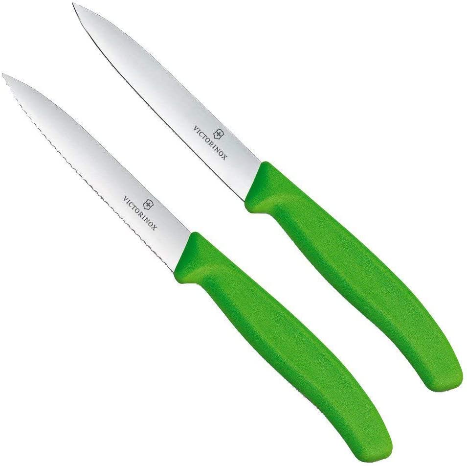 Victorinox Swiss Classic 2-Piece Vegetable Knife Set, 1 x Normal Cut, 1 x Serrated Edge, 10 cm Blade, Middle Point, Green