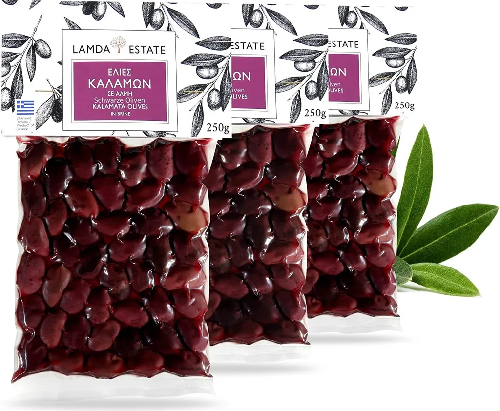 Lamda Estate - Black Greek Olives Kalamata with Pits | Pickled Fresh Kalamon Olives Vacuum Packed 3x 250g