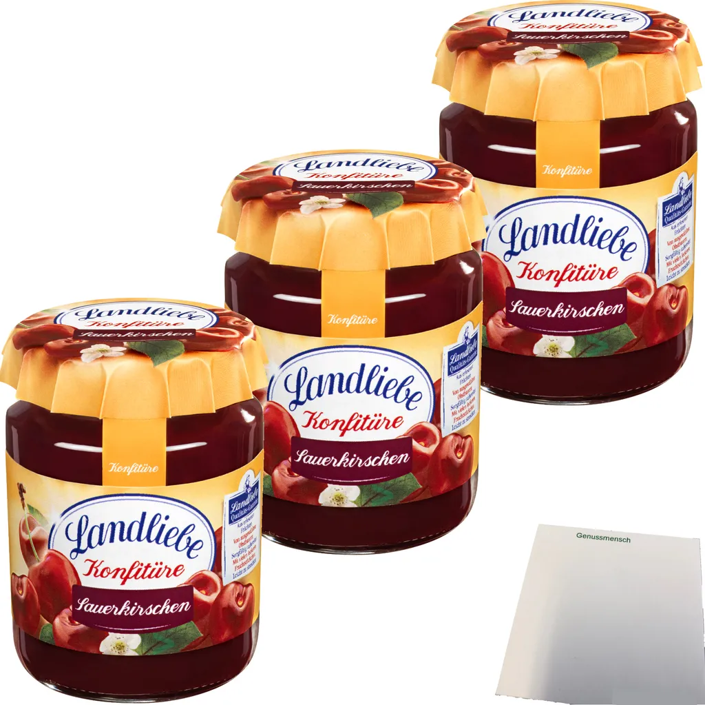 Landliebe Konfitüre Sauerkirschen 3er Pack (3x200g Glas) + usy Block