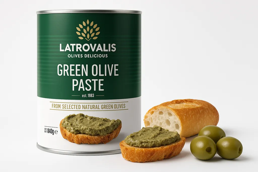 Latrovalis, Grüne Olivenpaste 840 g  – Olivenpaste aus Chalkidiki, Brotaufstrich,  Olivenaufstrich, Aufstrich