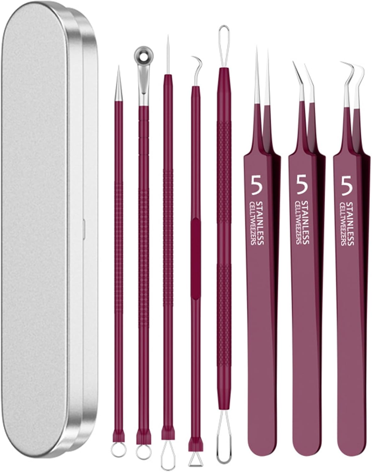 Landrain 8 Piece Set Tweezers Blackhead Remover Pimple Squeezer Tool with Milia Knife