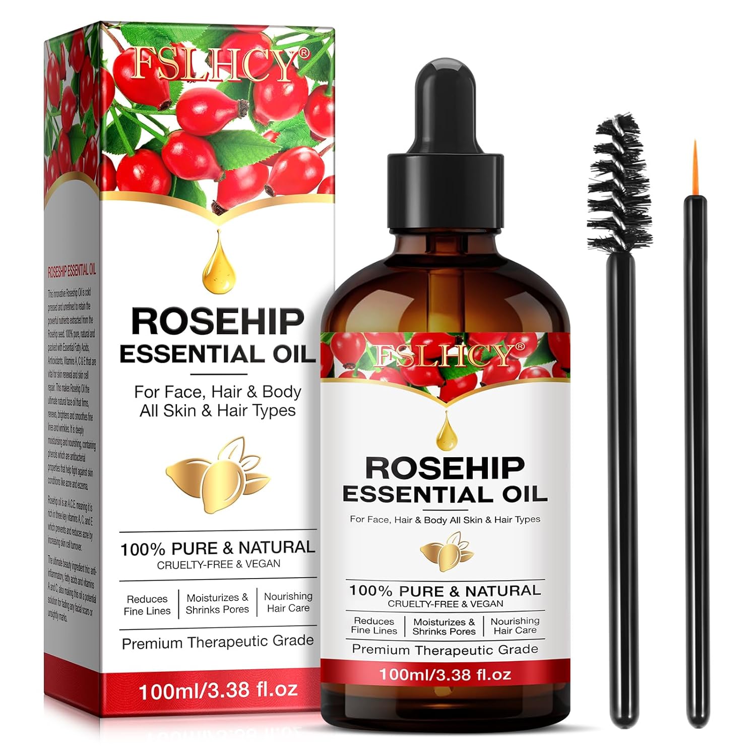 Rosehip Oil 100 ml Cold Pressed for Face, Body, Hair, Skin, Nails, 100% Pure Natural Vegan Rosehip Seed Oil Anti-Ageing Anti-Wrinkle