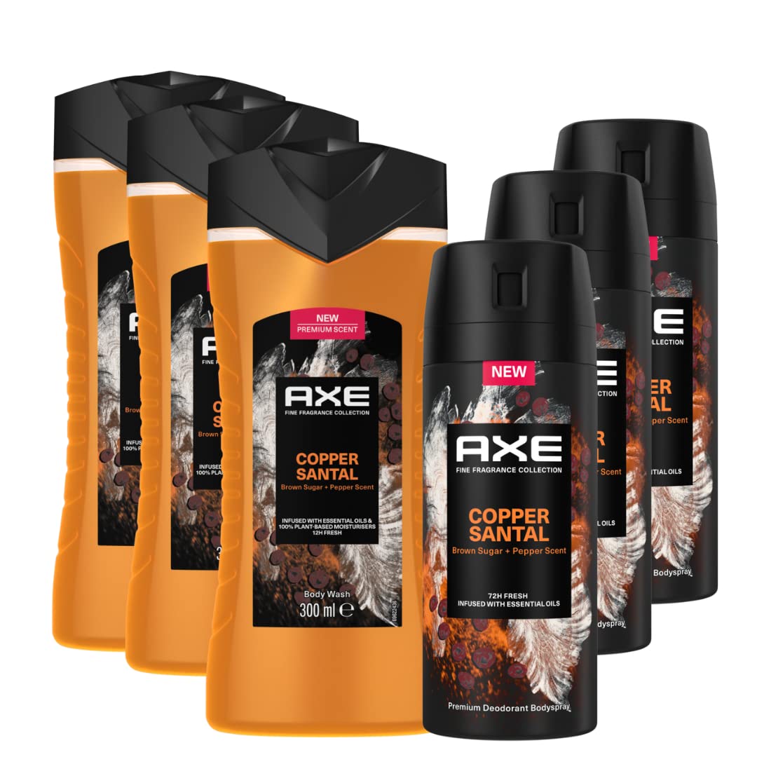 AXE FINE fragrance Collection Body Spray and Shower Gel Copper Santal Bodywash Deodorant With 2 x More Freshness Booster Pack of 6 (2 x 3)