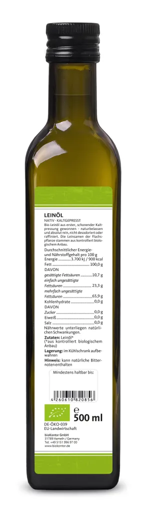 Leinöl 2x 500 ml (1000 ml) I nativ und kaltgepresst I enthält mehrfach ungesättigte Fettsäuren I bioKontor