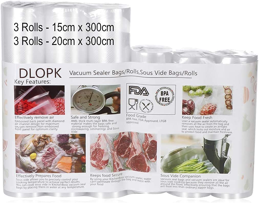DLOPK Vacuum bags, vacuum bags, 6 rolls, 20 x 300 cm and 15 x 300 cm, foil rolls for all vacuum sealers, BPA-free, strong and tear-resistant, 150 µm, suitable for Sous Vide, reusable vacuum rolls