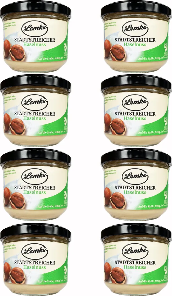 Lemke Stadtstreicher Haselnusscreme, 8 X 250g | Cremige Haselnusscreme aus Feinsten Haselnüssen