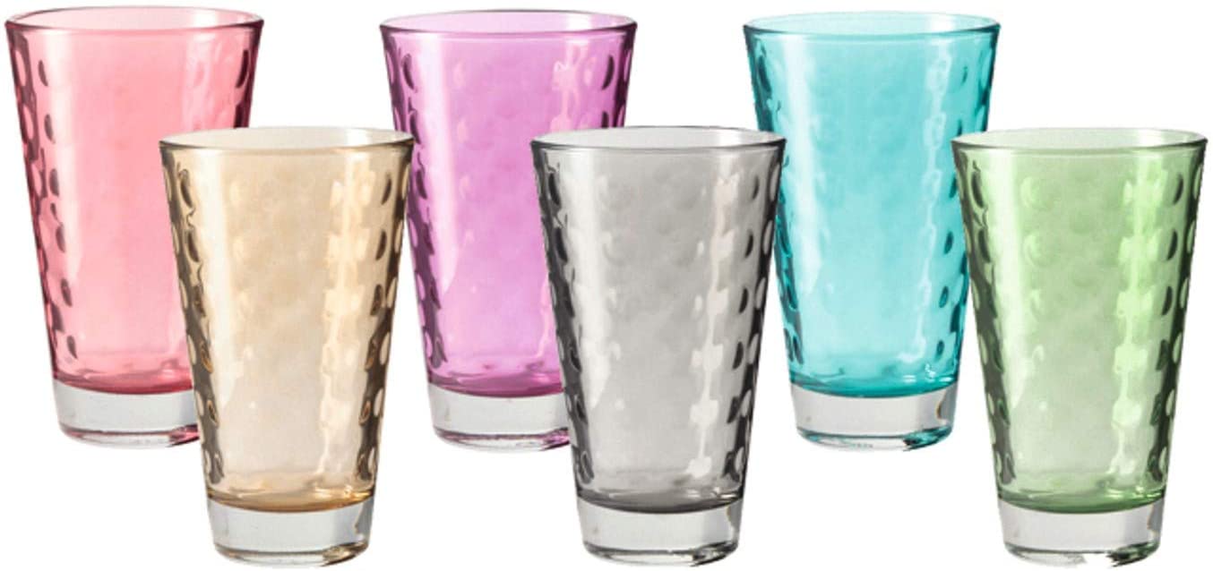 LEONARDO HOME Leonardo 047283 Optic Drinking Glasses, Set of 6, Colourful Glasses with Pattern, Dishwasher-Safe Juice Glasses, Glass Drinking Cups in 6 Colours, 300 ml, Colourful