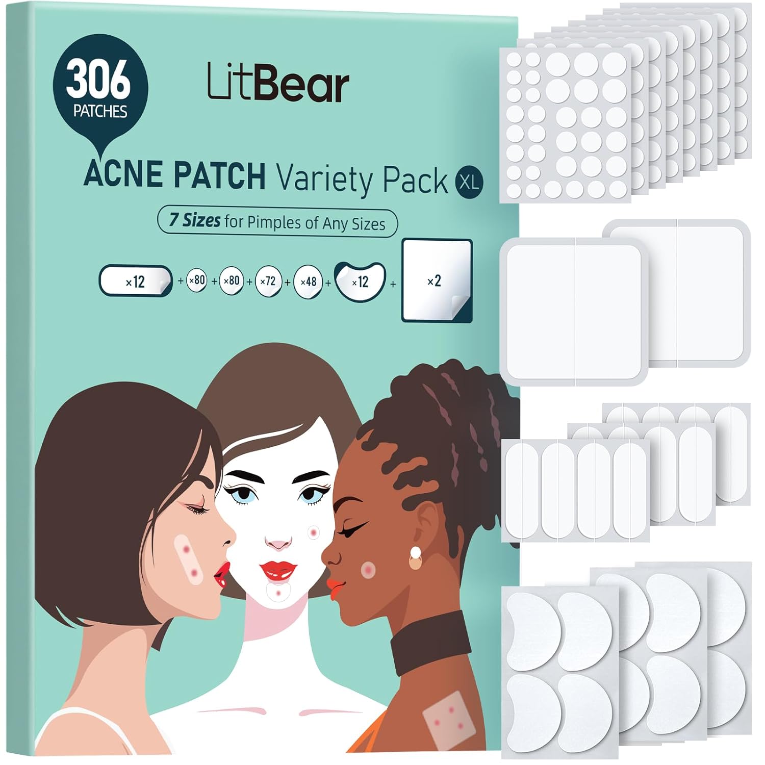 LitBear Large Acne Patches (7 Sizes, 306 Patches), Large Pimple Patches, Size XL for Full Face, Forehead, Chin, Nose, Body, Back, Neck and Chest, Moon-Shaped, Square Hydrocolloid Patches
