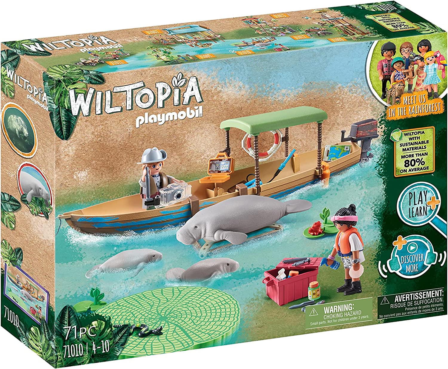 PLAYMOBIL Wiltopia boat trip to the sea cows with floating Amazon boat and pavilion roof, recommended from 4 years
