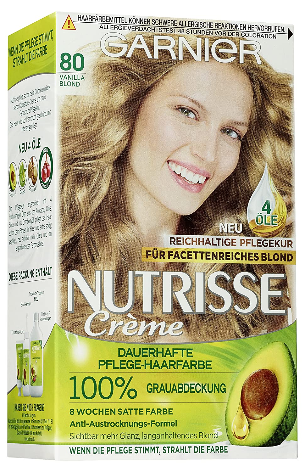 Garnier Nutrisse Cream Colour, Vanilla Blonde 80 / Colouring for Permanent Hair Colour (with 3 Nourishing Oils) - 3 x 1 Piece, ‎vanilla