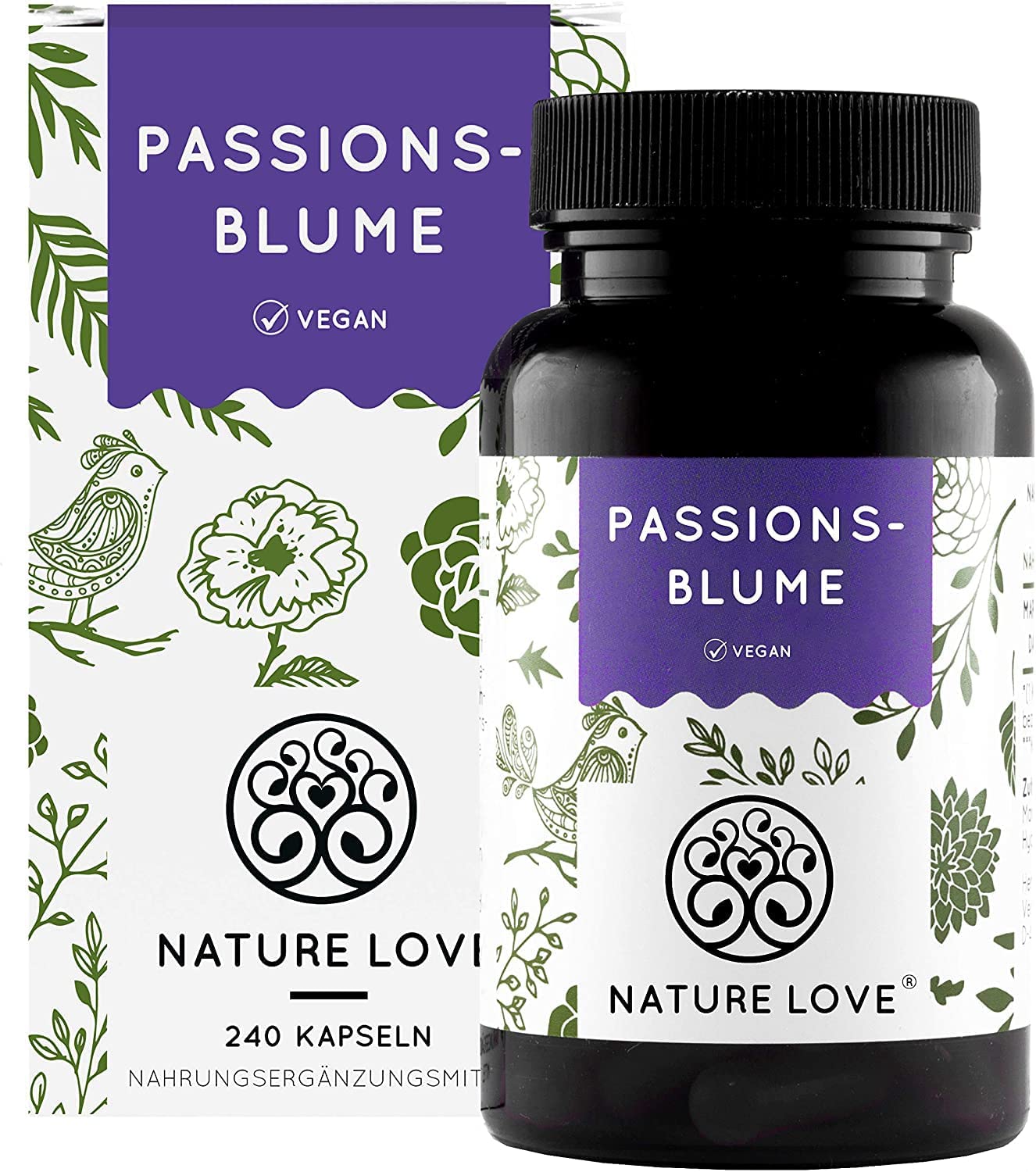 NATURE LOVE® Passion Flower Extract - 240 Capsules in 4 Month Stocks. 750 mg extract 5:1 (equivalent to 3750 mg passion flower) per daily dose. No unwanted additives, high dosage, vegan, made in Germany.