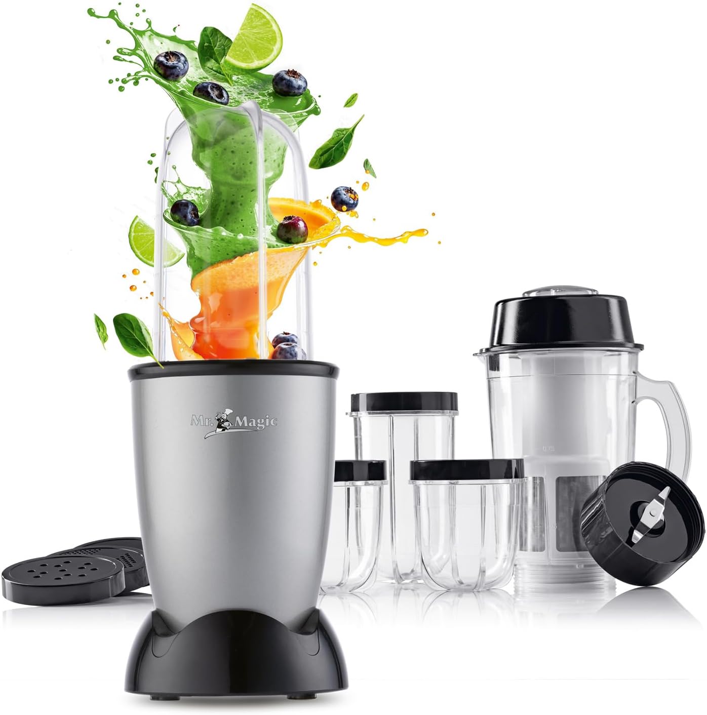 GOURMETmaxx Mr. Magic Mixer, Smoothie Maker with XXL Accessory Pack, Stand Mixer, 18 Pieces, Blender with Leak-Proof Food Storage Lids, Food Processor for Shakes, Smoothies etc.