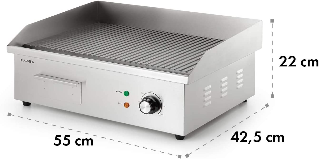 Klarstein Electric grill, grill plate, electric grill plate, table grill, electric grill made of stainless steel, splash guard and collection container, smooth XL grill surface: 54.5 x 35 cm, continuously adjustable 50-300 °C, 3000 Watt
