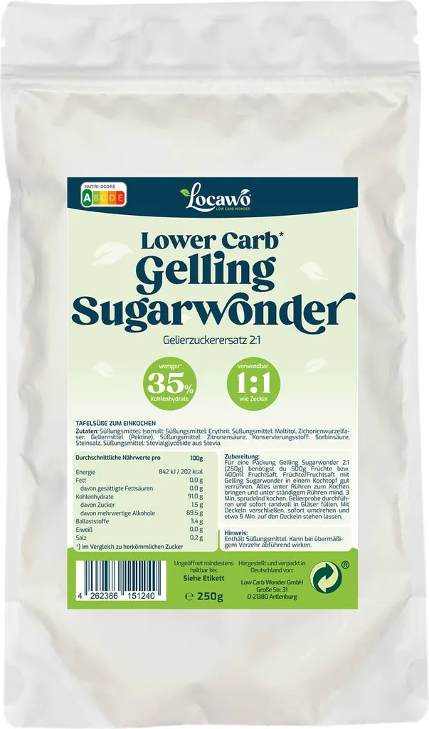 Locawo Low Carb* Gelling Sugarwonder | Tafelsüße | zum Einkochen | zum Gelieren| 50% weniger Kalorien | 250g