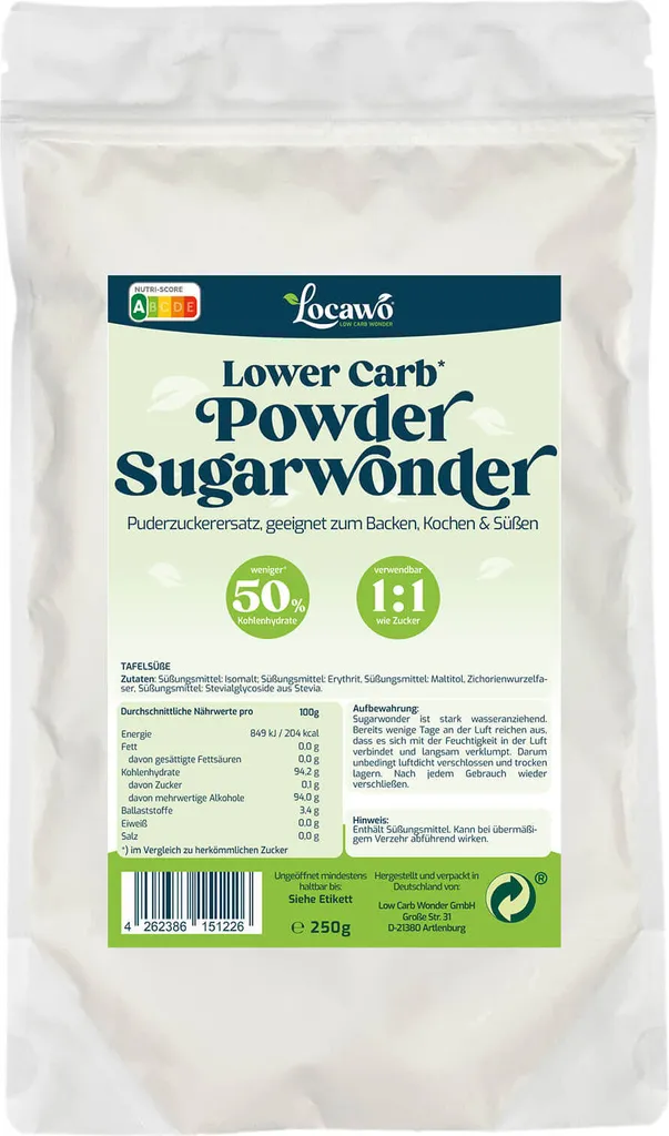 Locawo Low Carb* Powder Sugarwonder | Tafelsüße in Puderform | zum Backen | zum Kochen | 1:1 austauschen | 50% weniger Kalorien | 250g