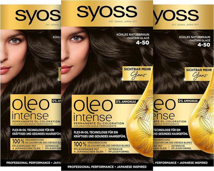 Syoss Oleo Intense Permanent Oil Coloration Hair Color, 4-50 Natural Brown with Nourishing Oil and Ammonia Free, Pack of 3 (3 x 115 ml)