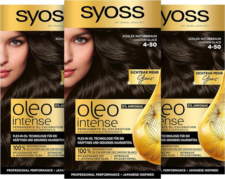 Syoss Oleo Intense Permanent Oil Coloration Hair Color, 4-50 Natural Brown with Nourishing Oil and Ammonia Free, Pack of 3 (3 x 115 ml)
