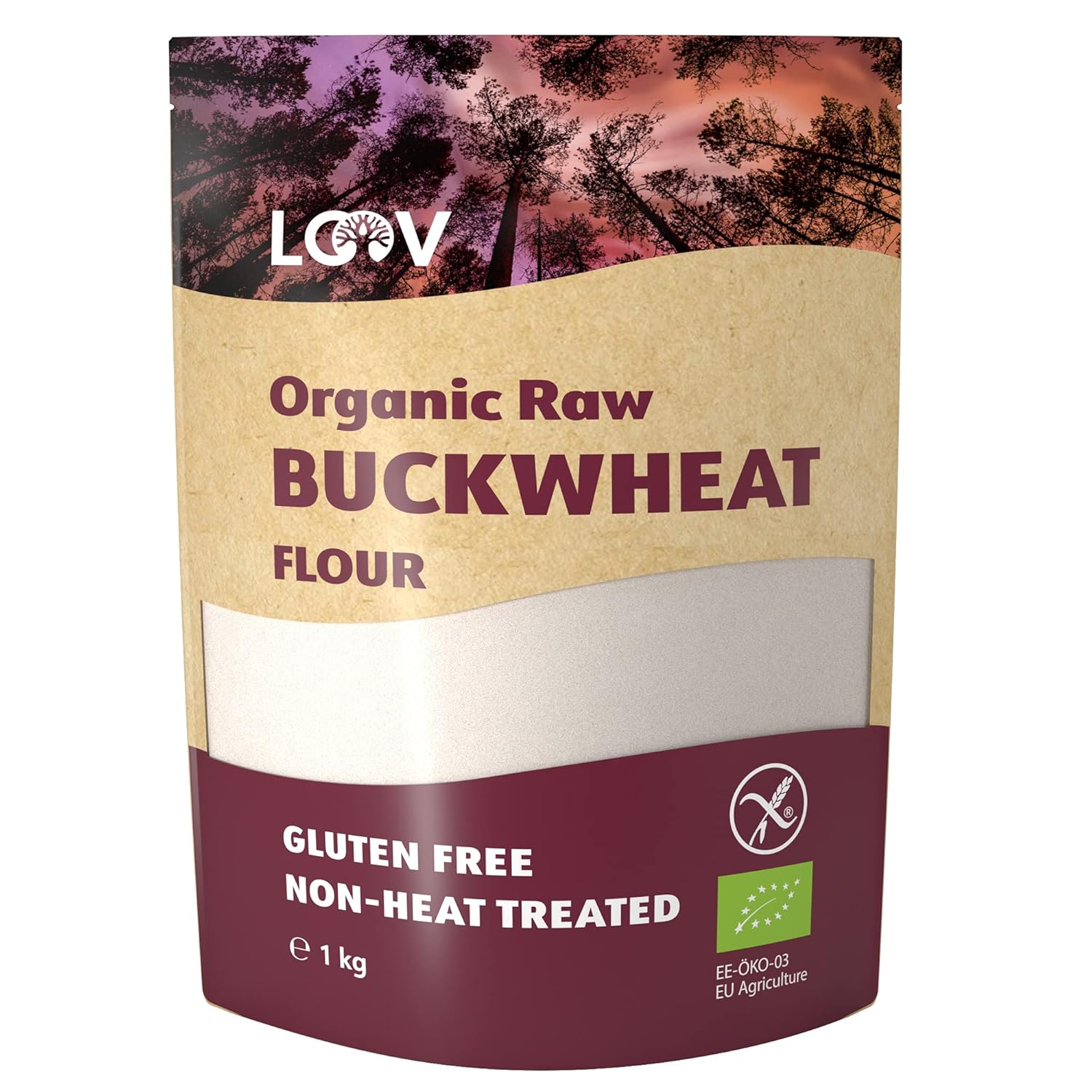 LOOV Raw Organic Buckwheat Flour, 1 kg, Gluten Free Flour, Not Heat Treated, All Nutrients Preserved, Delicious Nutty Flavour, Organic Cultivation in Nordic Climate, GMO Free