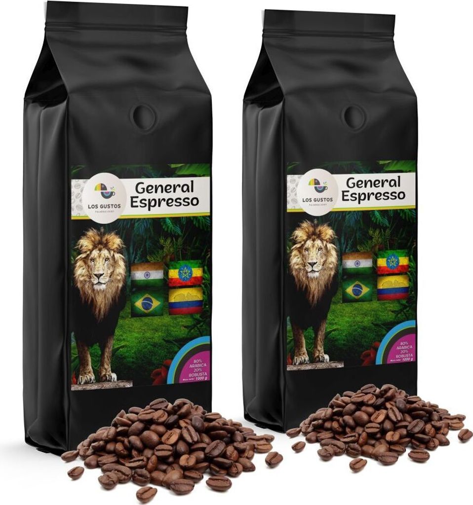 Los Gustos General Espresso Coffee Beans 2x1000 g, Unground, Coffee Beans for Fully Automatic Coffee Machines, Freshly Roasted