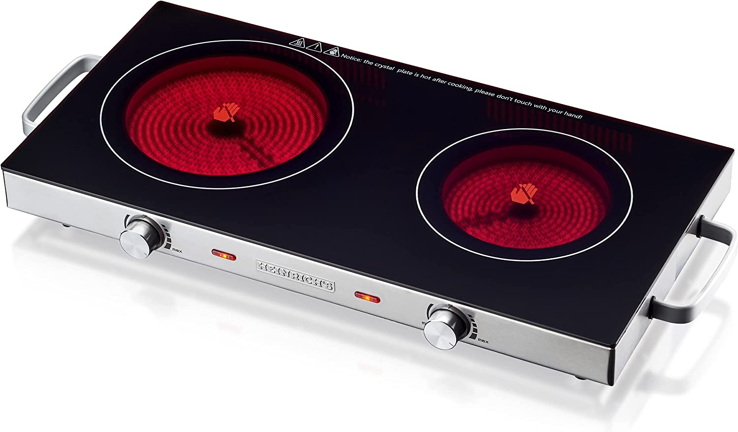 Heinrich´s Heinrichs Infrared Hob Glass Ceramic Double Hob with Infrared Heat, 2 x Electric Hobs Suitable for All Pots and Pans 2800 W Camping/Office/Kitchen/Outdoor/Single