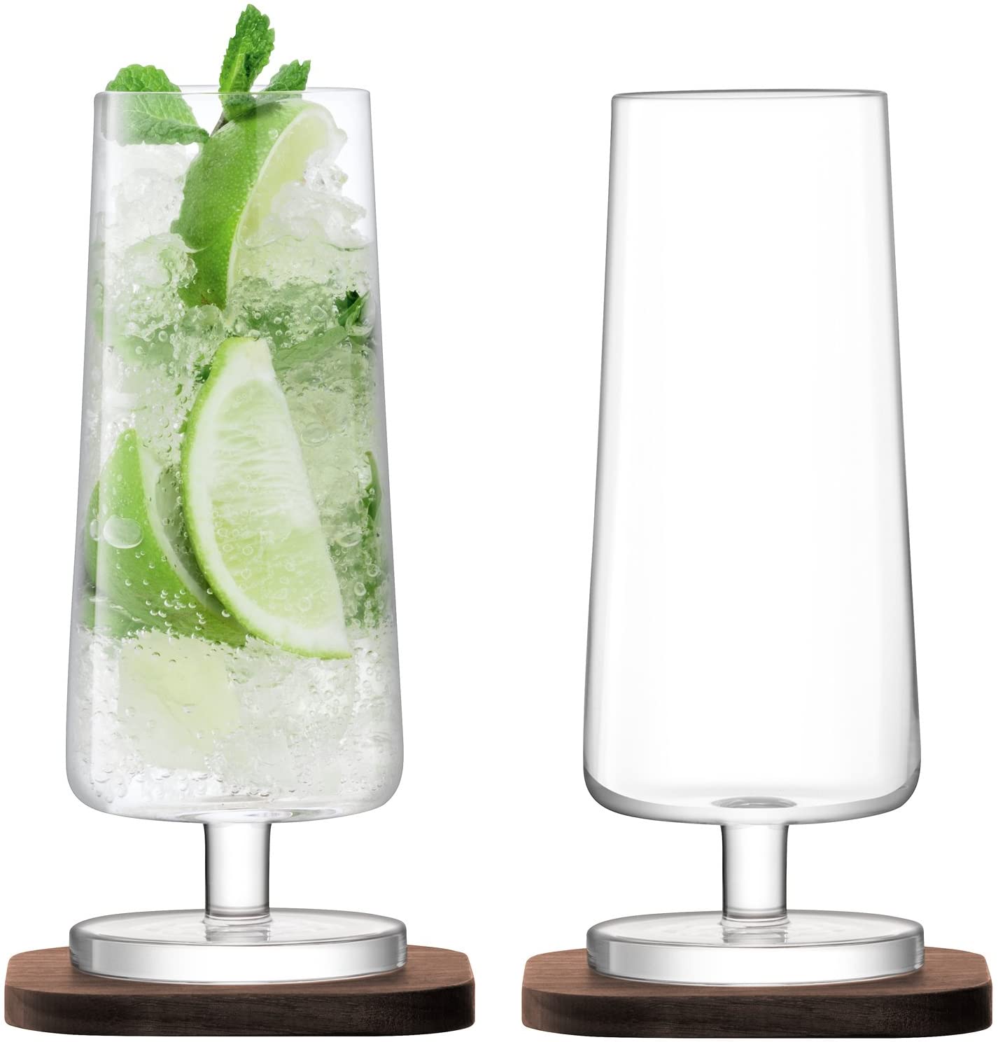 \'LSA – City Bar Mixer Glass 350ml – Clear with Walnut Base 2 Long Drink Glasses and 2 Coaster Set,)