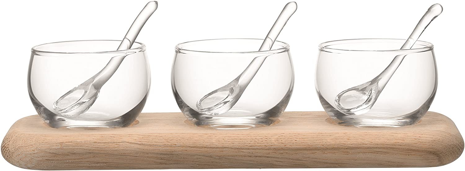 LSA International 25.5 cm Serve Condiment Set & Oak Base, Clear