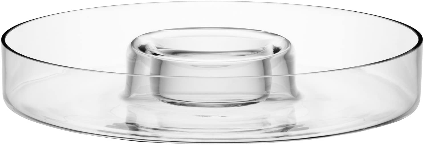 LSA Serving Dish Plate Round 35 cm Clear Glass Plate, Plate Food Service with Integrated Dips Bowl