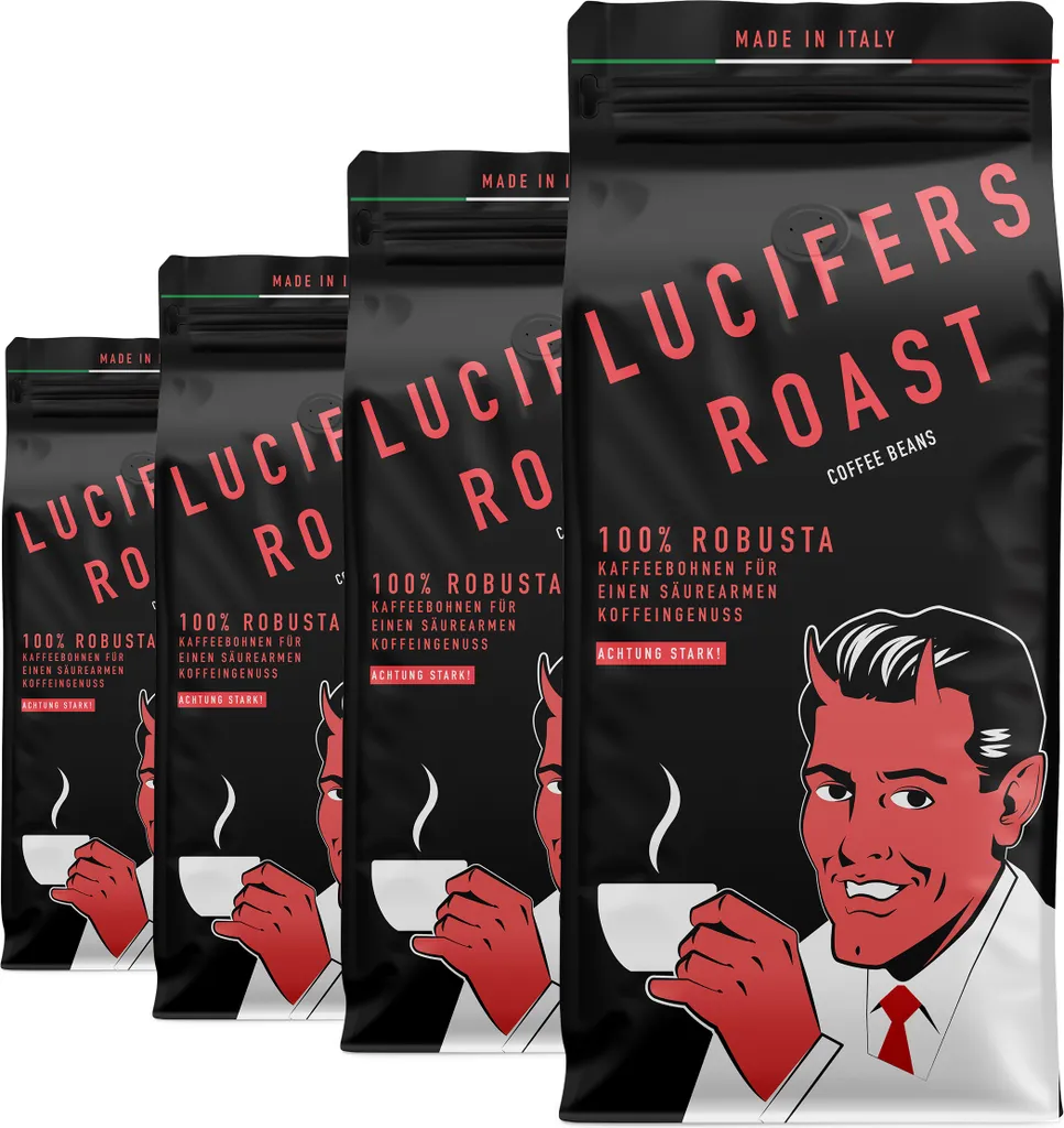 LUCIFERS ROAST 4x1kg coffee beans from Italy for the perfect espresso – very strong coffee – low in acid – 100% Robusta (whole beans, 4x1kg)