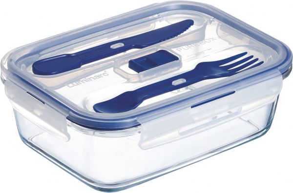 Luminarc, Pure Box Active-Lunchbox With Cutlery, Rectangular, 21,5 X 16 Cm