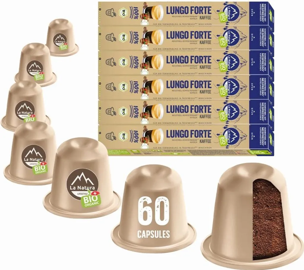 Lungo Forte Coffee - 60 Coffee Capsules | La Natura Lifestyle Organic 306g | Bio-based | Nespresso®*³ compatible